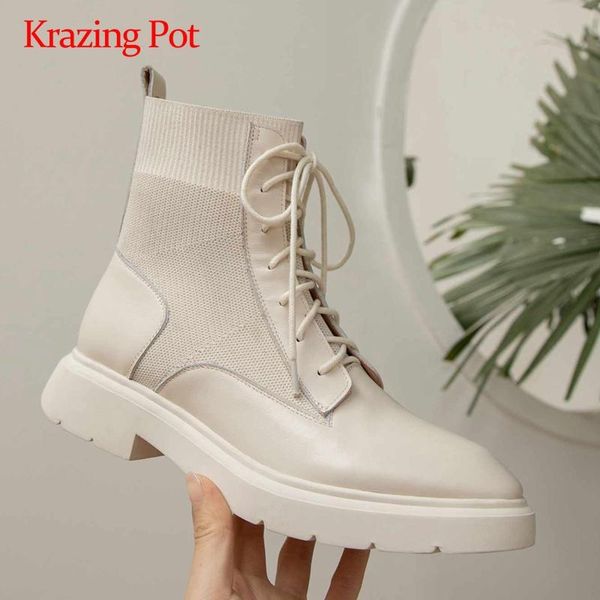 

boots krazing pot knitting natural leather patchwork gingham round toe thick med heel lace up young lady fashion ankle l18, Black