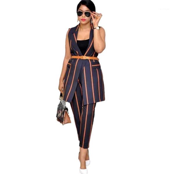

2 pieces set spring autumn fashion women set female stripe print sleeveless vest bodycon stripe pants chic suits1, White