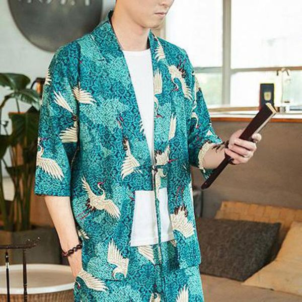 

japanese style bird printed mens shirts harajuku fashion hip hop streetwear hawaii beach vacation half sleeve kimono shirt 5xl1, White;black