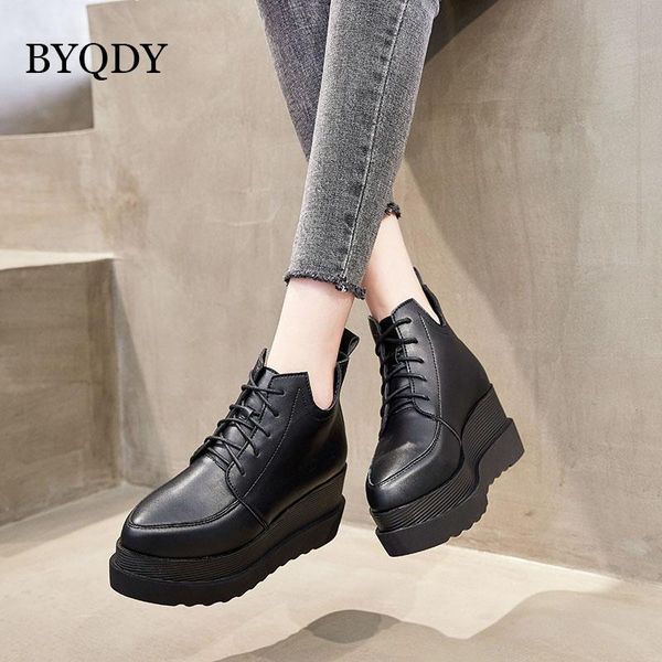 

byqdy platform woman boots patent leather motorcycle boots thick high heel mid calf lace up lady zip winter autumn, Black