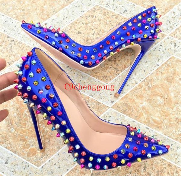 

fashion women shoes plus size 33 to 46 shiny red bottom shoes gold rivets spikes high heels genuine leather pointed stiletto heels, Black