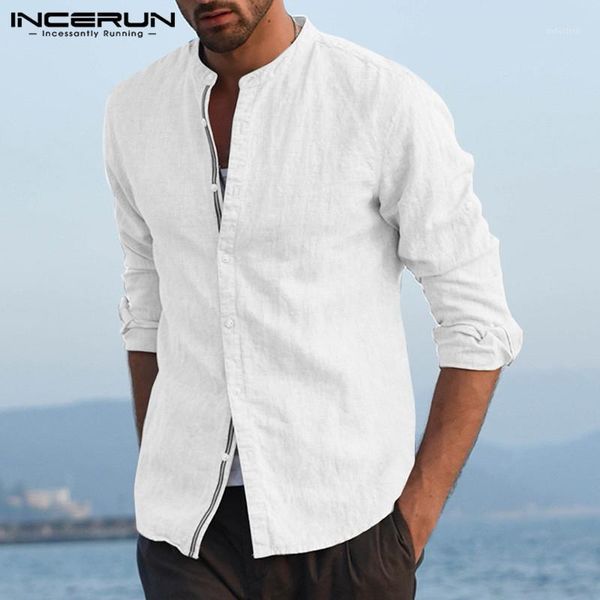 

incerun spring autumn men retro casual solid long sleeve cotton shirt holiday beach fashion joker mens button blouse streetwear1, White;black