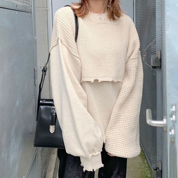 

2021 new causal knitted women korea japan plain female long sleeve pullover jumper loose style autumn winter sweater b3ho, White;black