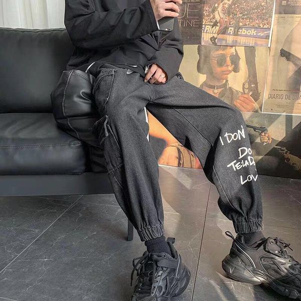 

men's jeans ripped men cool graffiti print denim pants solid color fashion retro baggy hip hop style high street casual pant, Blue