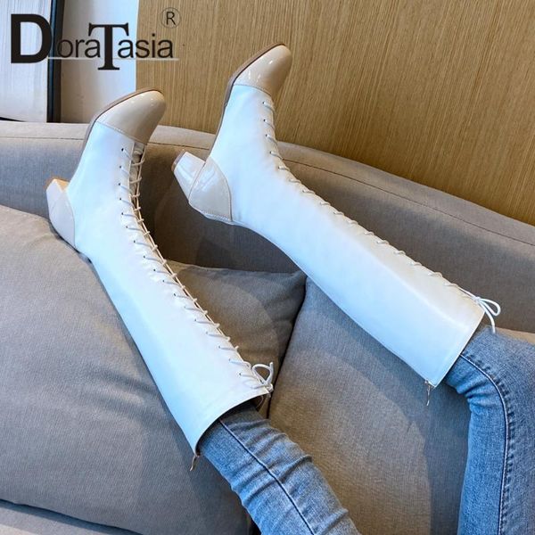 

doratasia brand new female mixed colors knee high boots 2020 casual elegant boots women lace up thick med heels shoes woman, Black