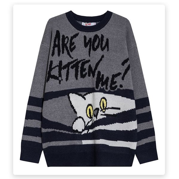 

2021 new men sweater cartoon funny cat print o-neck sweaters mens soft casual trendy fashion autumn streetwear kitten pattern vny1, White;black
