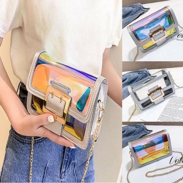

2020 summer new fashion women clear transparent mini handbag single chain belt haps flap laser messenger shoulder bag