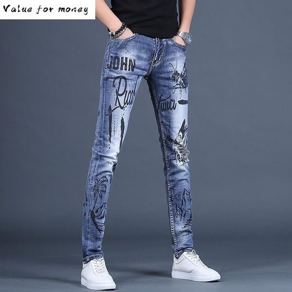 

new shipping men's male denim jeans personality jeans printed feet pants tide korean slim trend casual trousers, Blue