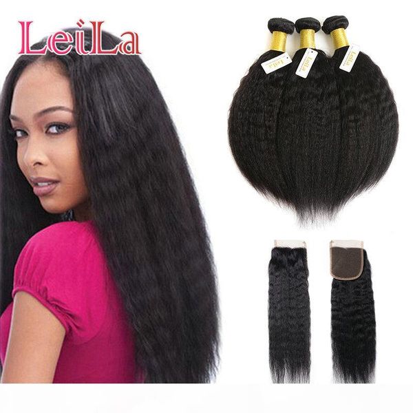 

malaysian kinky straight hair 3 bundle with closure virgin hair 100% unprocessed human hair italian coarse yaki with 4x4 closure, Black;brown
