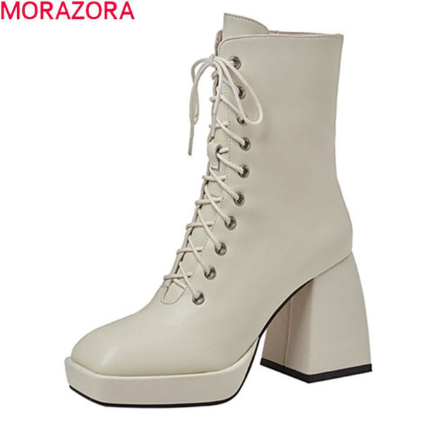 

morazora 2020 new genuine leather women boots chunky platform boots thick high heels square toe lace up brand winter ankle boots 1026, Black
