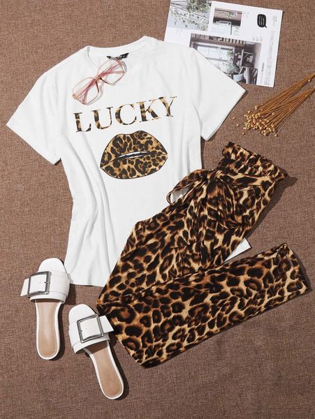 

lucky graphic leopard & paperbag waist pants set q8nk#, White