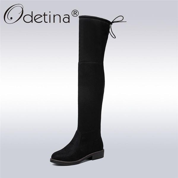 

boots odetina fashion women faux suede over the knee flat low chucky heel slim thigh high winter warm shoes, Black