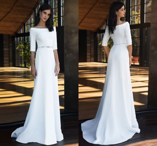 

2021 simple wedding dress boat neck half sleeves beading sashes floor length long bridal gowms vestido de novia mairee, White