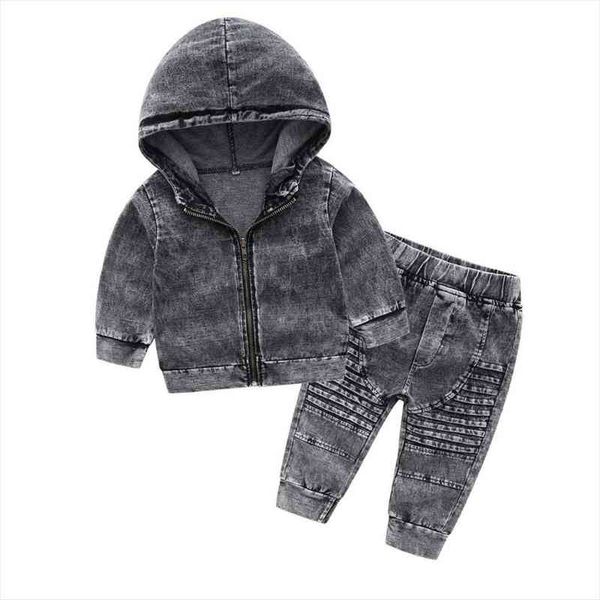 

1-5yrs autumn children boys hooded denim clothes outfits spring toddler boys washed tracksuit set clothing, White