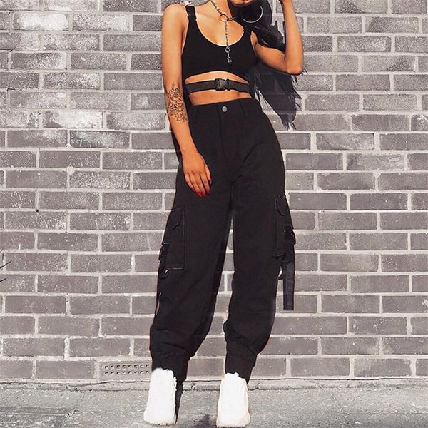 

2020 spring autumn women's new fashion streamer bag buckle loose casual trousers female high waist harem pants pocket overalls1, Black;white