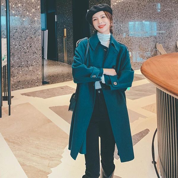 

ewq] 2020 winter autumn new coat women sweet long sleeve woolen mantel kaschmir mantel warm casual ladies overcoats 16q10061, Black