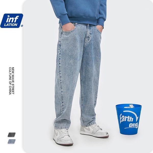 

inflation men denim pants 2020 fw new arrivals loose straight pant men color block pocket hip hop jeans pant male trousers 32281, Blue