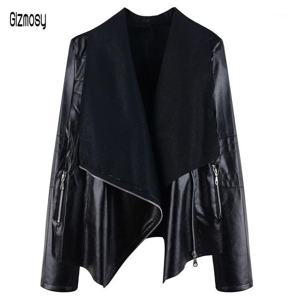 

new autumn women lapel jacket coats female splice long sleeve zip up faux pu leather jackets moto biker outwear plus size ca67141, Black