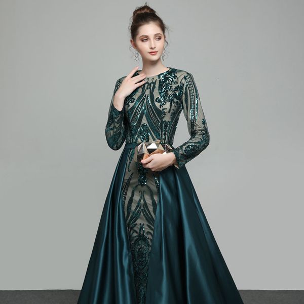 

2021 new robe soiree selling elegant green moslem long sleeved evening dressed destacible train lantejoula bling mcmh, Black;red