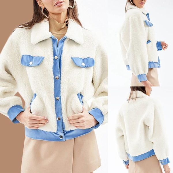 

winter casual fashion jacket two-color stitching loose lapel long sleeve cardigan warm top, Black;brown