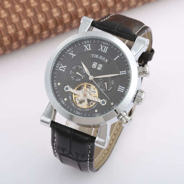 

automatic multi-functional mechanical new tourbillon style watch men's watch pointer leather simple japanese and korean watch, Slivery;brown