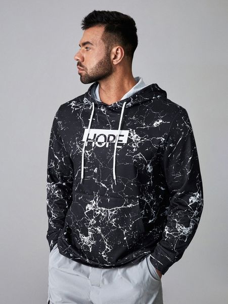 

extended sizes men marble print letter graphic drawstring hoodie w2gz#, Black