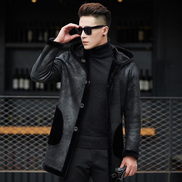 

luxury wool overcoat business shearling real sheep fur coat men winter warm thick hooded reversible outerwear brand fur jacket, Black