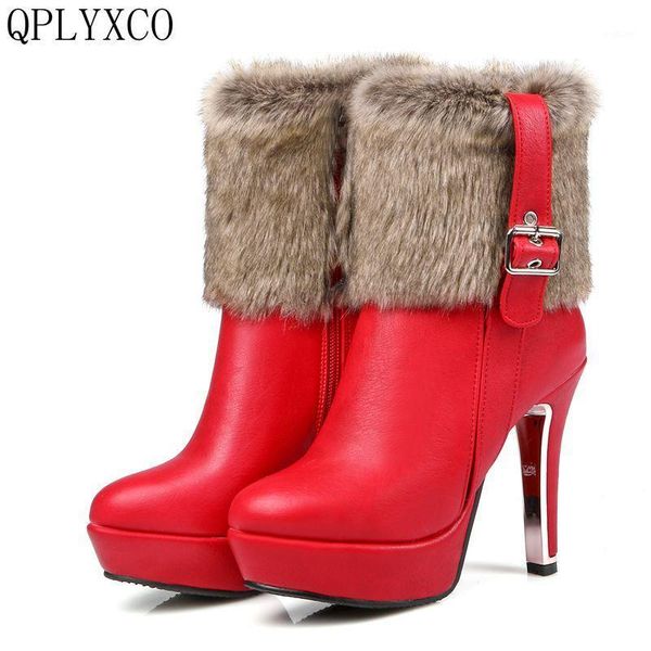 

qplyxco 2020 new genuine leather super big &small size 30-48 short boots women fashion pumps warm winter shoes snow boots 5203-11, Black
