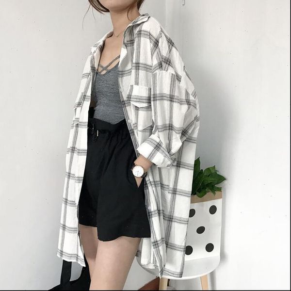 

spring new big plaid shirt women long length full sleeve thin blusas casual loose coat feme harajuku clothing trends, White