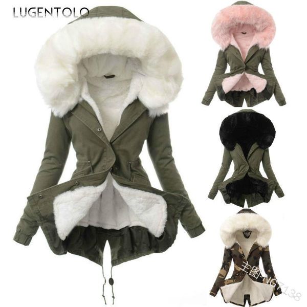 

lugentolo winter jacket women parkas long sleeve hooded fur neck belt slim solid new fashion zipper jackets women, Black
