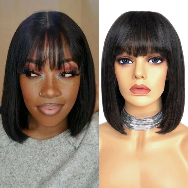 

brazilian straight human hair wigs pixie cut bob wig with bangs short human hair wigs for women fake scalp lace wig non-remy, Black;brown
