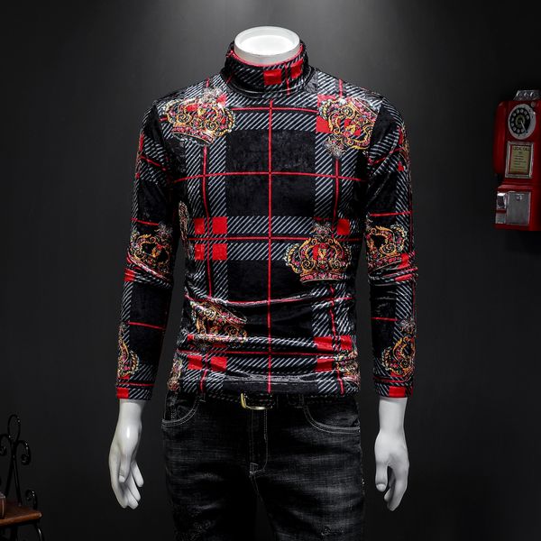 

men's plus size plus velvet thick long-sleeved trend t-shirt 2019 new loose elastic korean velvet high collar plaid shirt, White;black