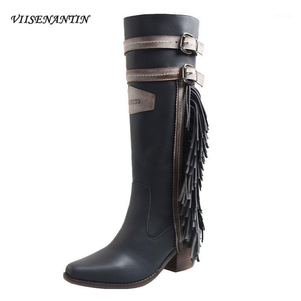 

prova perfetto new first layer cowhide stitching side zipper pointed thick heel tassel boots knight real leather western boots1, Black