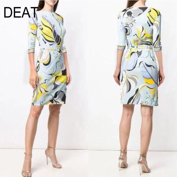 

deat] 2020 knee length silk dress women knit elastic bohemian mid sleeve slim print high waist slim new summer fashion ar866, Black;gray