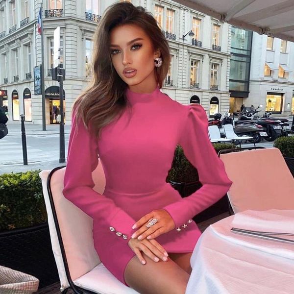 

autumn solid color rose red women o neck long sleeves fold outfit casual party club wear rayon bandage dress, Black;gray