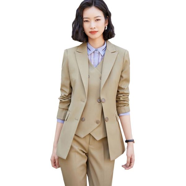 

khaki black 3 pieces set women ladies vest blazer jacket and pant suit formal business work career wear clothes, White