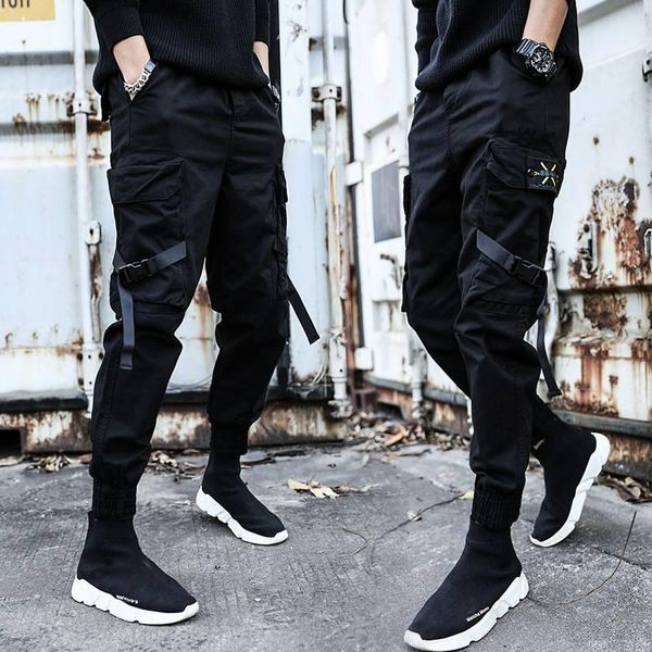 

men's pants men camo cargo hip hop ribbons mens streetwear casual pockets joggers male fashion sweatpants homme trousers1, Black