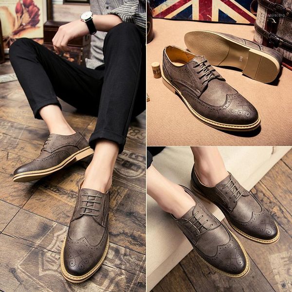 

fashion leather shoes men 2020 new brogue shoes men dress british style brogue flats oxfords breathable business hv-0321, Black