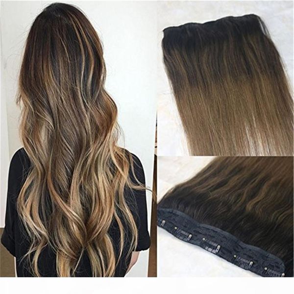 

one piece clip in human hair extensions 70g ombre balayage dark brown to medium brown remy hair weft clip ins color #2 6, Black