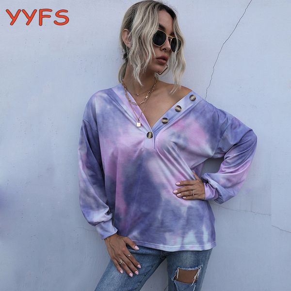

tie dye толстовки женщина 2020 кнопки осени толстовка длинного рукав пуловер женская повседневная сыпучие v-образный вырез sexy топы sudader, Black