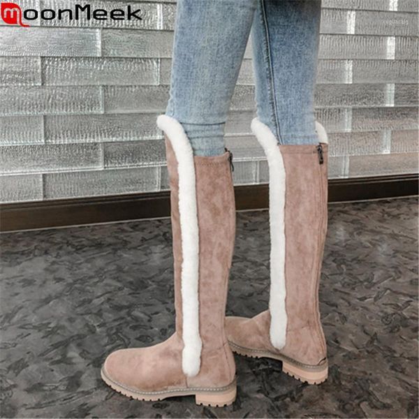 

boots moonmeek 2021 brand low heel round toe women winter keep warm black apricot knee boots1
