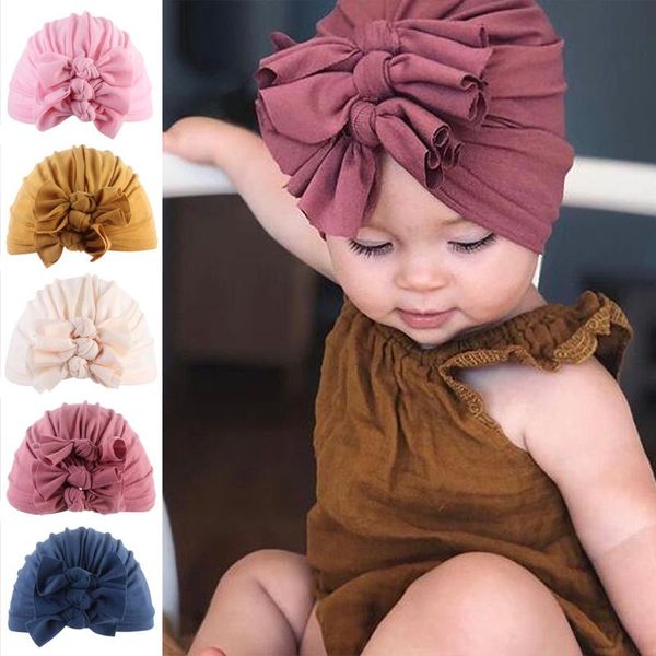 

новорожденного enfant цветок лук beanie тюрбан шляпа девочка мальчики купальные шапочки дети solid color soft содружественны-кожа теплой шап, Yellow