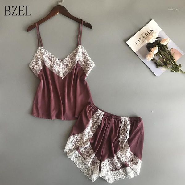 

bzel new pajamas sets lace pyjamas for women v-neck pijama femme summer sleepwear satin nightwear lingerie female underwear1, Black;red