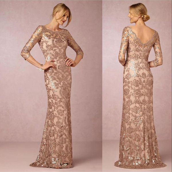 2023 Mãe dos vestidos de noiva Bling Rose Gold Rose Lacined Lace Jewel Apliques de renda V Vestido de festa da noite de volta