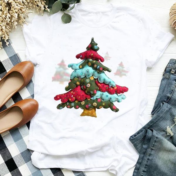 

women merry christmas new year cute fashion printing tree 90s holiday clothes ladies graphic print tee tshirt female t shirt, White