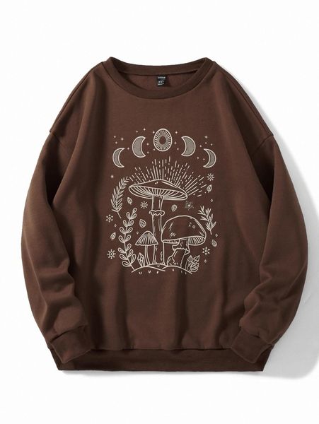 

mushroom print drop shoulder thermal sweatshirt 13lf#, White;black