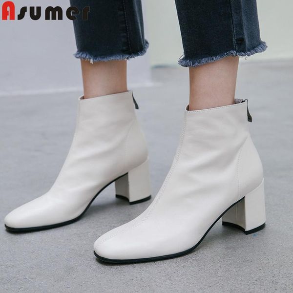 

boots asumer 2021 ankle women square toe zip genuine leather high heels shoes classic autumn winter, Black