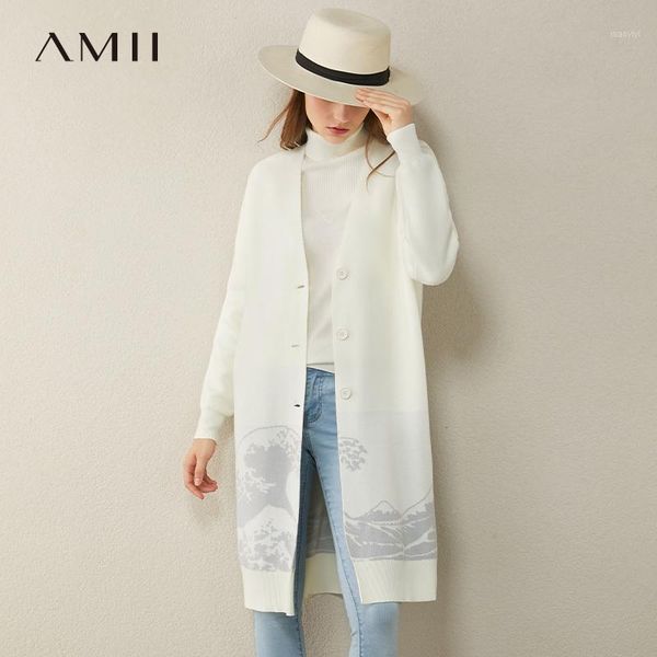 

amii minimalism autumn winter women cardigan vintage jacquard loose knitted women's overcoat female coat 120405661, White