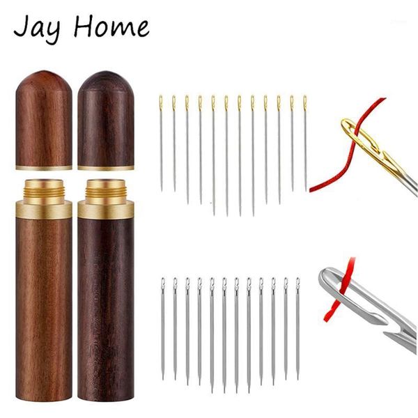 

round wooden needle case with 12pcs self threading needles diy crafts sewing needle tubes storage case embroidery sewing tools1, Black