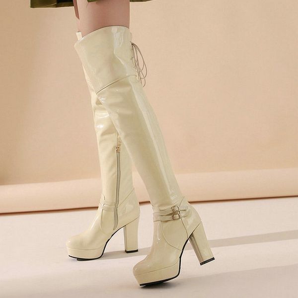 

2020 новых женщин над коленом boots мода платформа толстый каблук женские сапоги патент pu кожа женщин зимняя обувь, Black